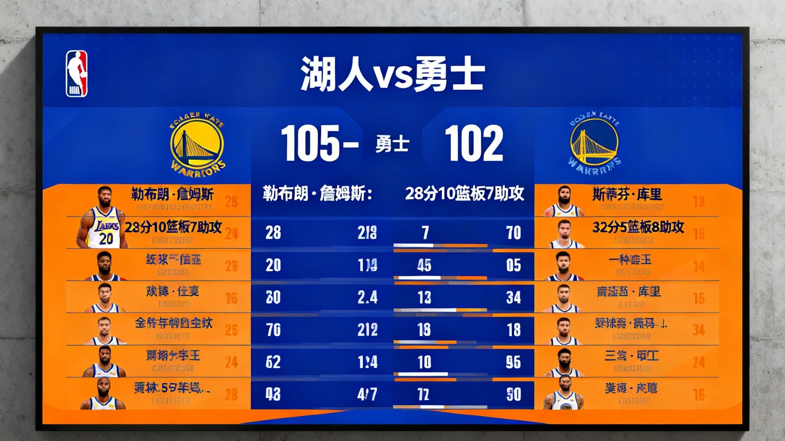 NBA赛场实时比分大屏数据可视化界面，显示湖人vs勇士当前比分与球员统计